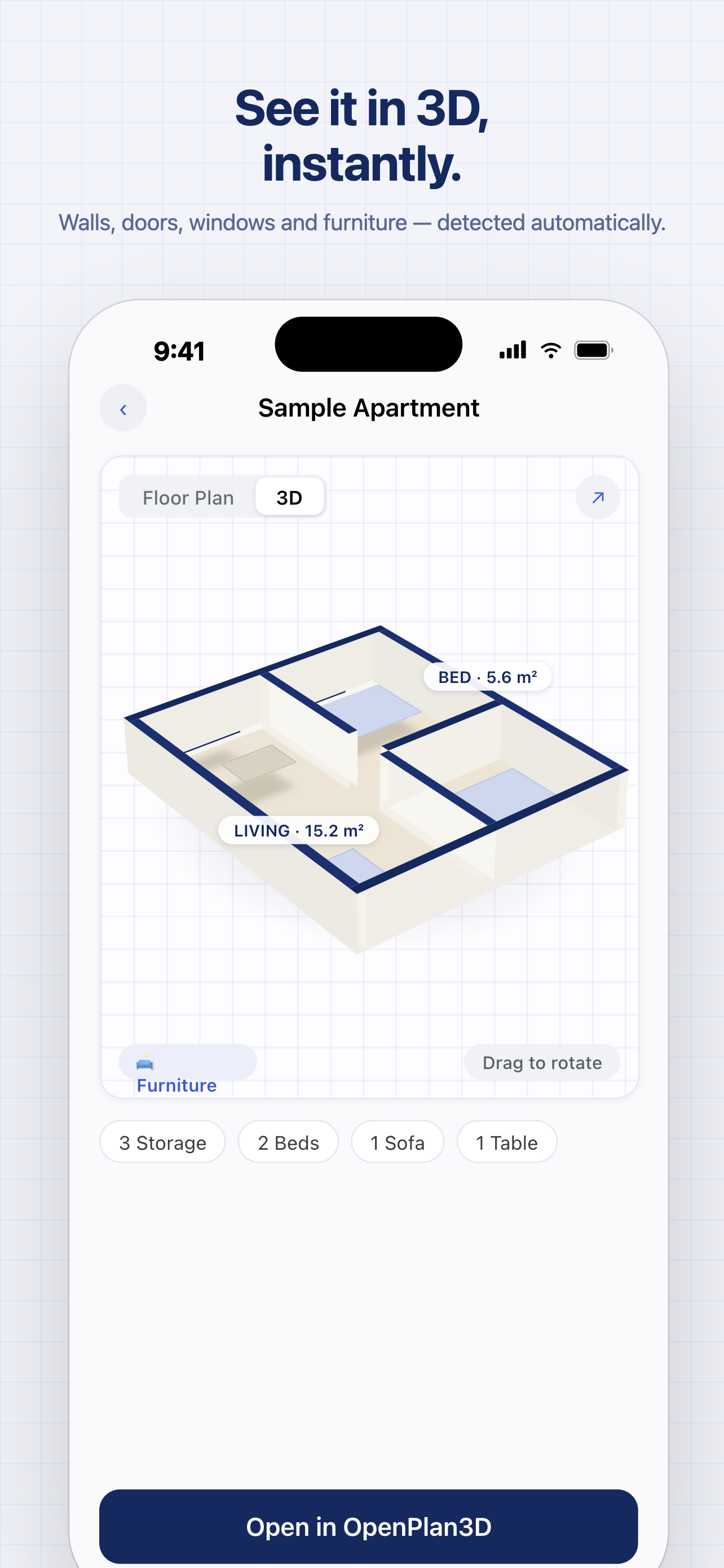OpenPlan3D Capture 3D view of a scanned apartment with rooms, walls, and furniture